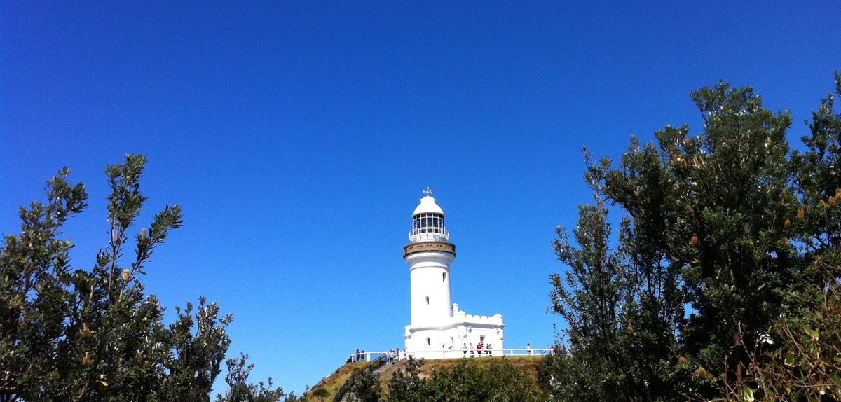 Cape Byron Lighthouse under a clear blue sky, Byron Bay